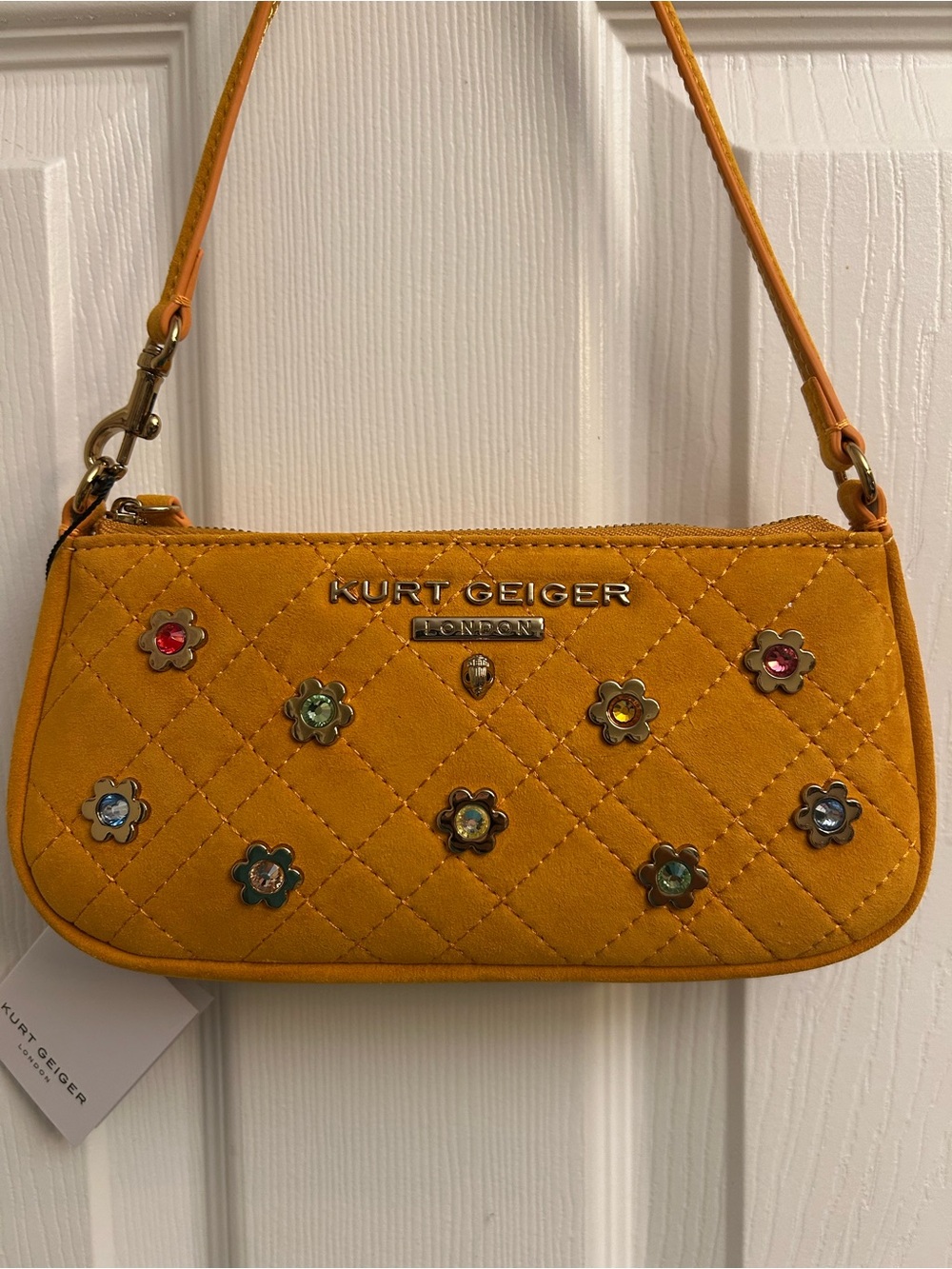 Kurt Geiger Mustard Quilted Mini Shoulder Bag with Multicolor Flower Studs